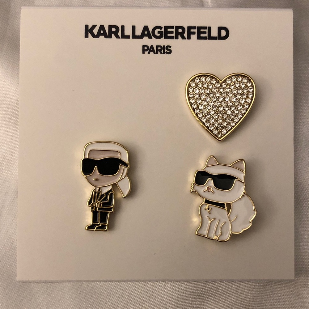 Karl Lagerfeld Paris 3PC Lapel Pin Set Karl, Choupette & Crystal Heart NEW - Picture 2 of 11